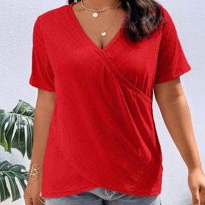 Shein Plus Eyelet Wrap Cross V-Neck Tee Red